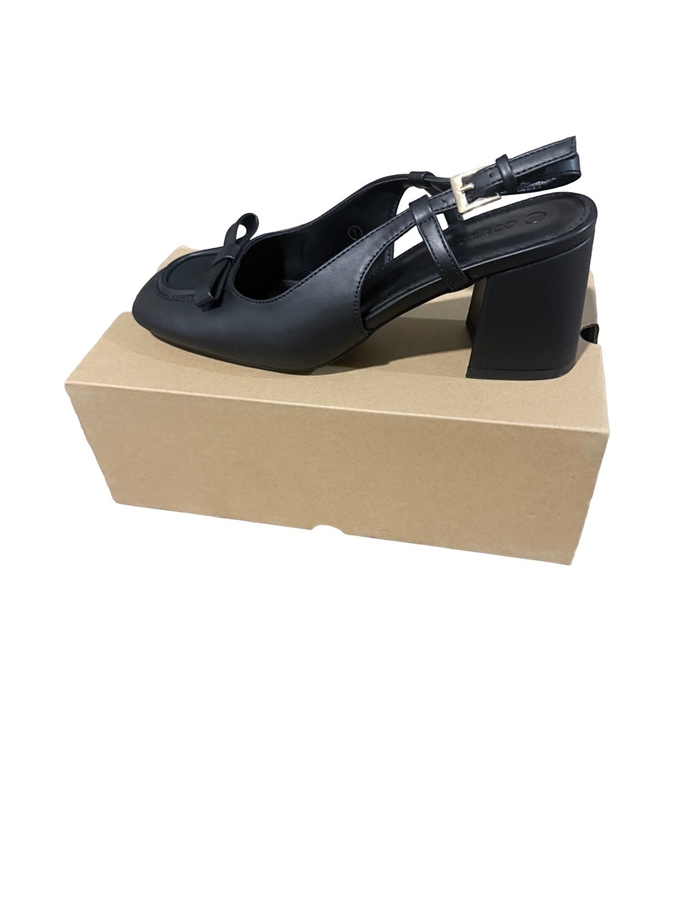 Black Slingback Block Heel Pumps with Bow